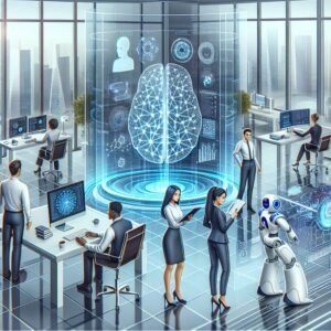 Professionals discussing AI career opportunities in a modern office setting"