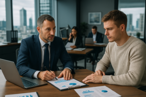 Modern Tallinn coworking space with startup founders, developers, and entrepreneurs collaborating on technology projects.