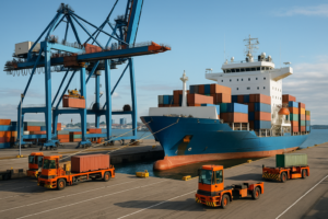 Busy shipping port in Tallinn with cargo ships, cranes, and ferries connecting Estonia to global trade routes.