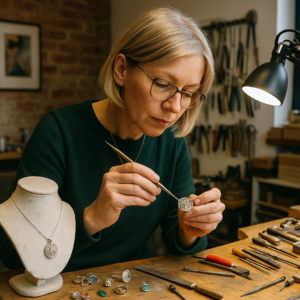 Jewellery artisan in Tallinn crafting a handmade piece, blending traditional skills with modern design trends.